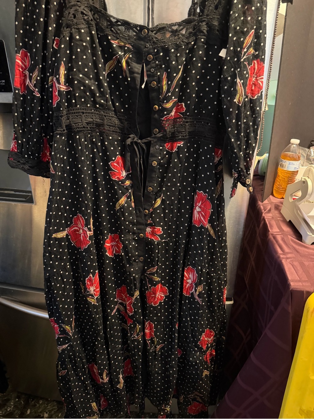 Free People Black Midi Dress with Red Floral and White Polka Dots